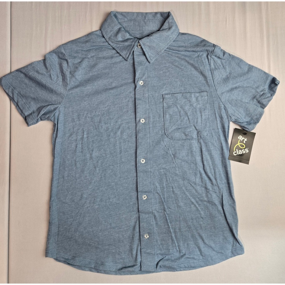 Art Class Boys Short Sleeve Button Down Shirt Blue Heather Jersey Knit L 10/12